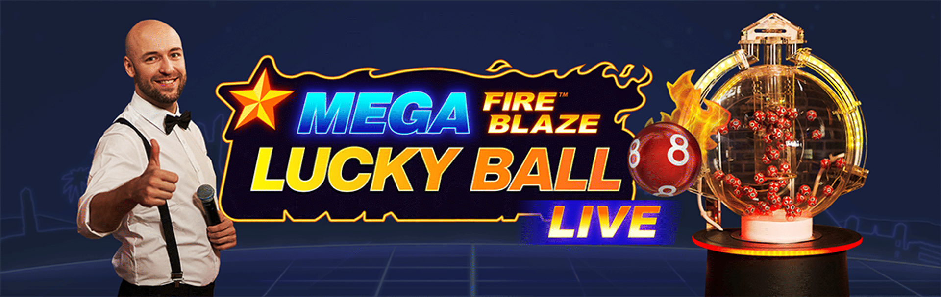 Mega Fire Blaze Lucky Ball Live-spel med presentatör och lottomaskin.
