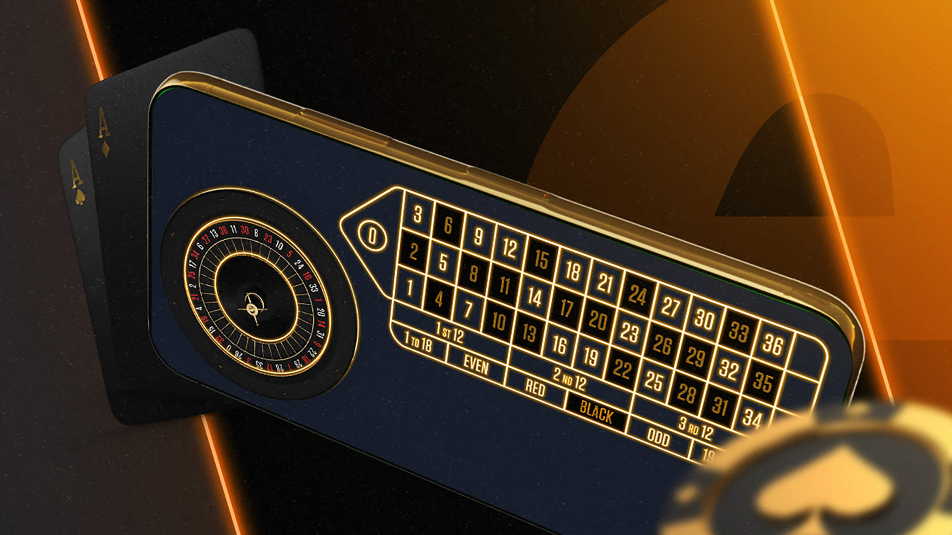 Smartphone viser et roulette spil med et hjul og et inds atsbord, samt spillekort og en jeton.