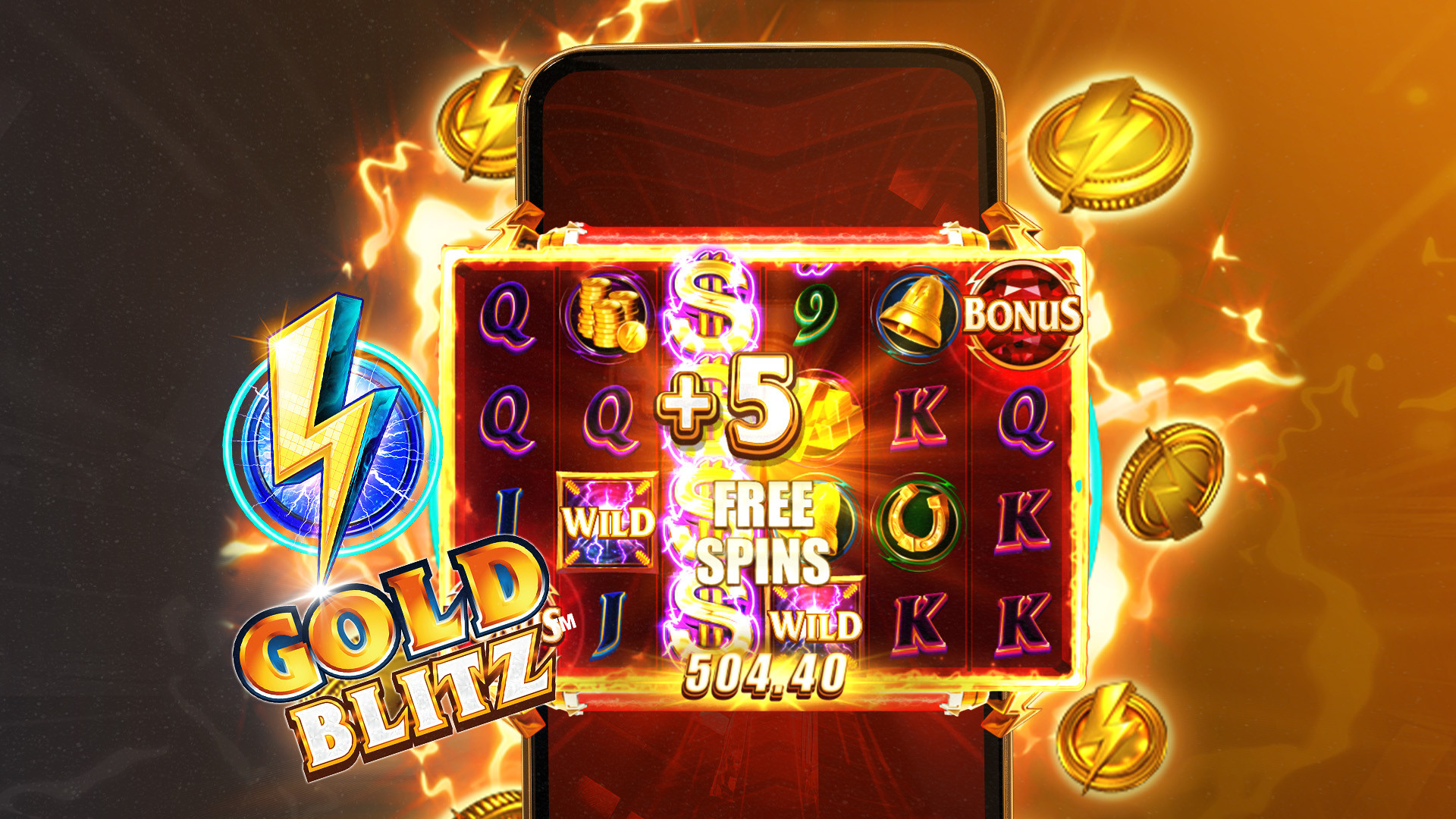 Skærmbillede af Gold Blitz spillemaskine med Freespins og bonusser.