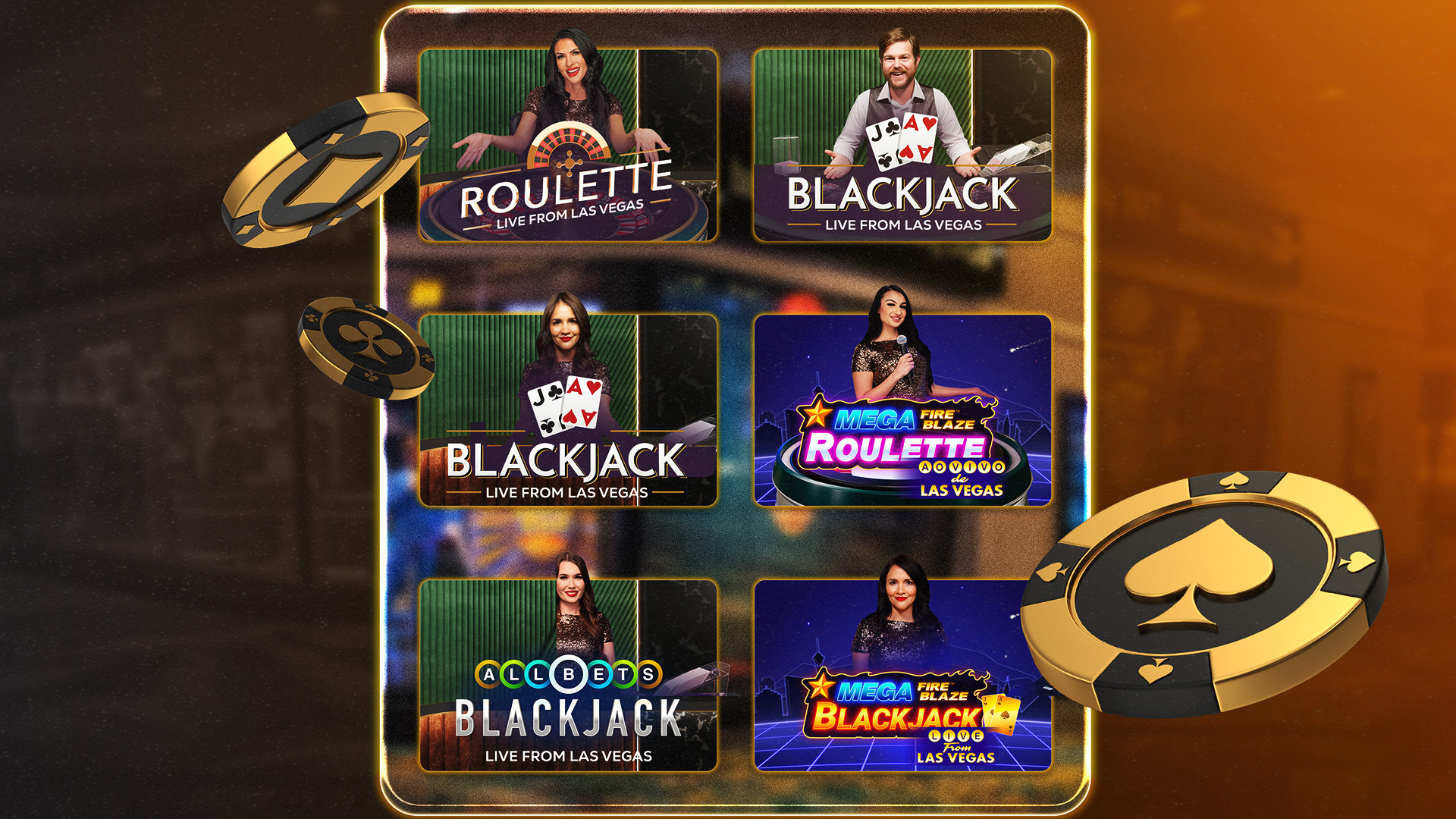 Skærmbillede af online roulette og blackjack spil med live dealere og kasinochips.