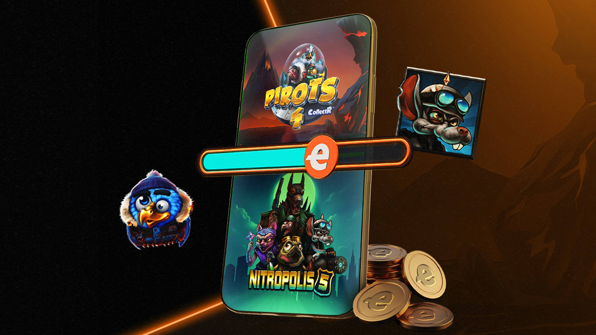 Mobiltelefon viser spillets logoer "Pirots 4" og "Nitropolis 5" med en indlæsningslinje og spilkarakterer.