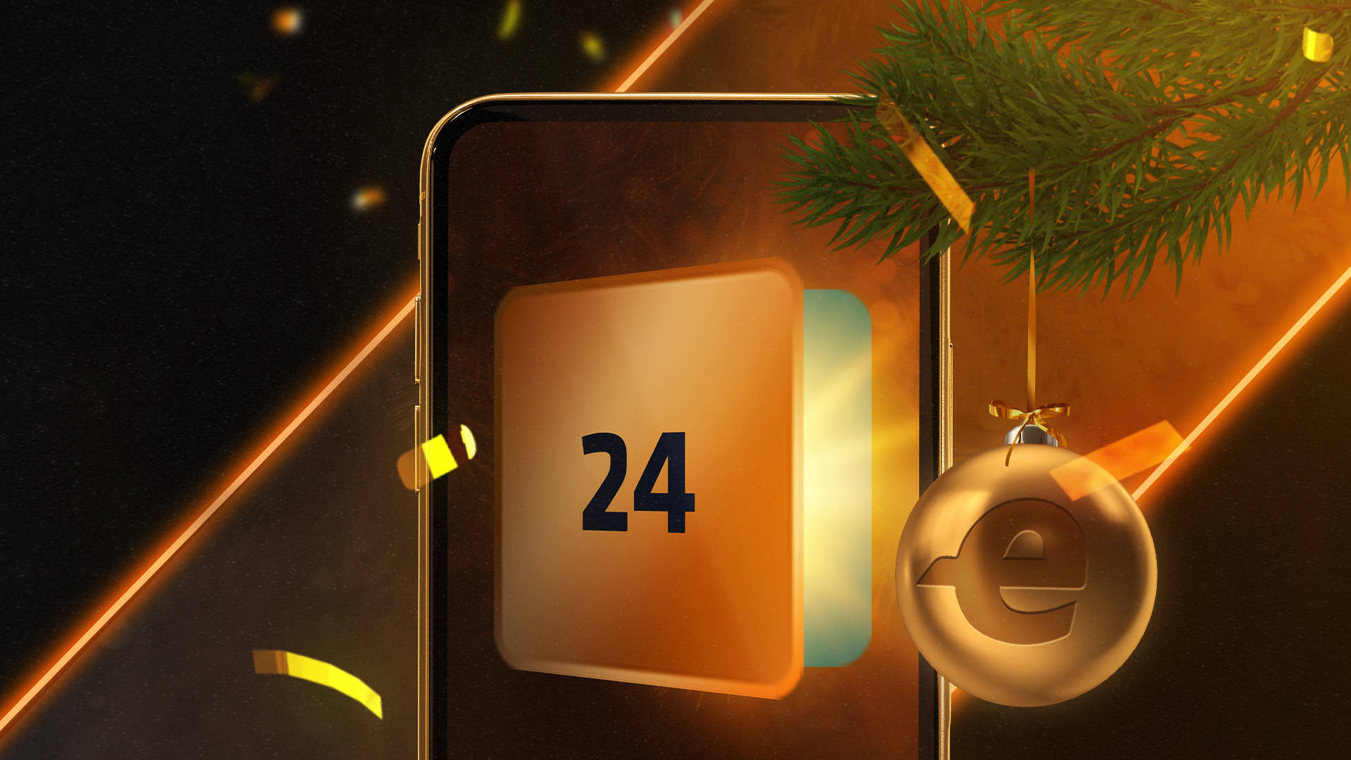 Mobiltelefon viser en julekalenderlåge med tallet 24 og et juletræsornament.