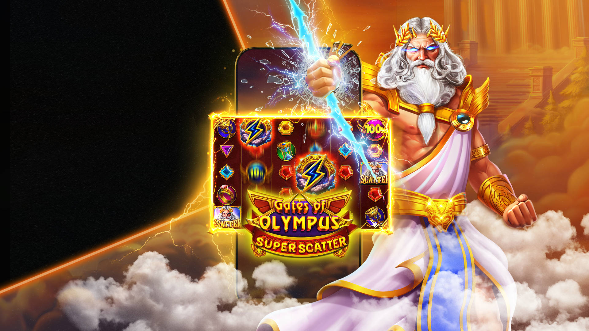 Gates of Olympus Super Scatter spilleautomat med Zeus og symboler.