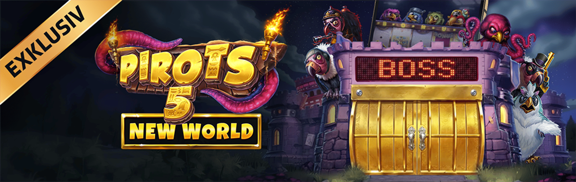 Exklusivt spel Pirots 5 New World med fåglar vid ett slott och texten BOSS.