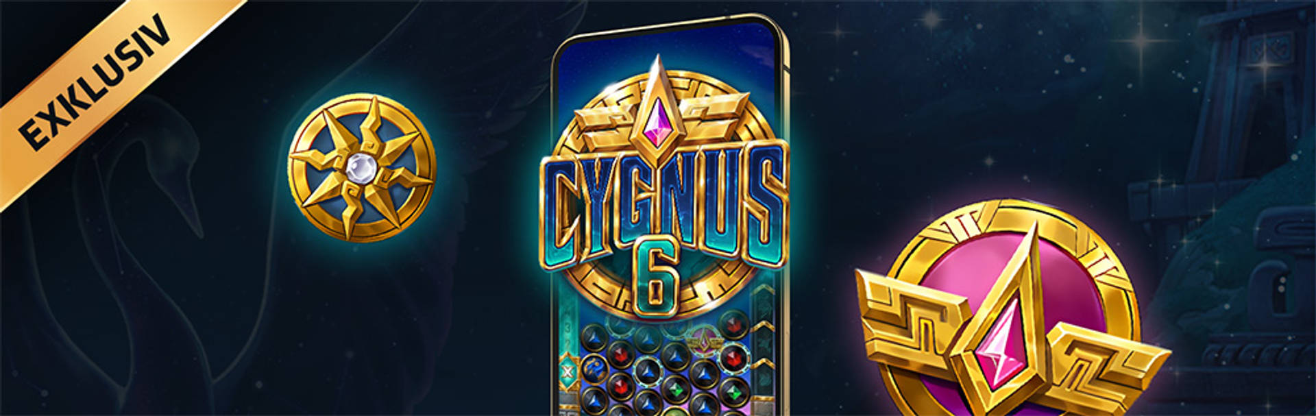 Exklusivt spel Cygnus 6 på en mobiltelefon med spelikoner och logotyper.