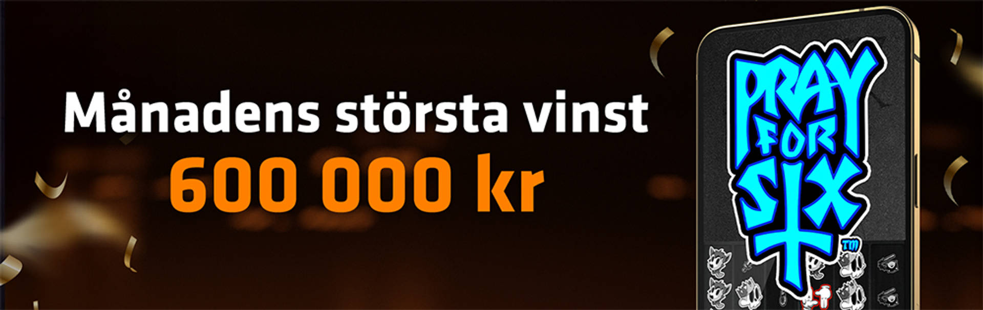 Månadens största vinst 600 000 kr, med en mobiltelefon som visar ett spel.