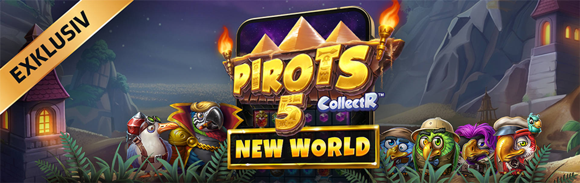 Exklusivt spel: Pirots 5 CollectR New World med fågelkaraktärer i en nattlig miljö.