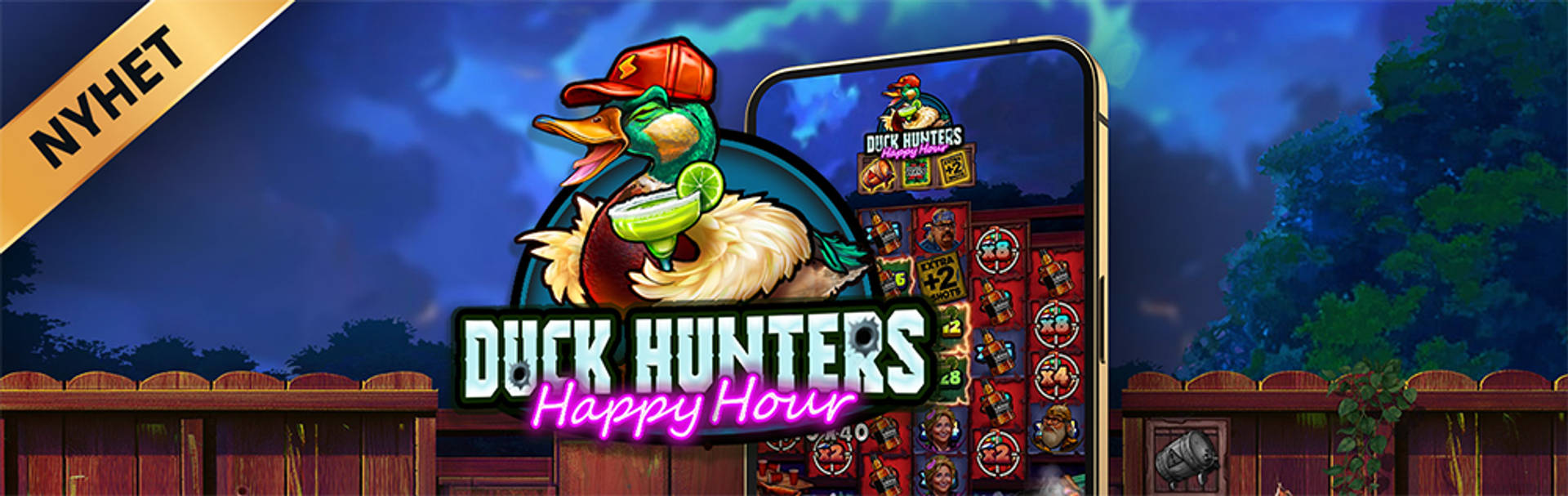 Nyhet: Duck Hunters Happy Hour slotspel på en mobiltelefon.