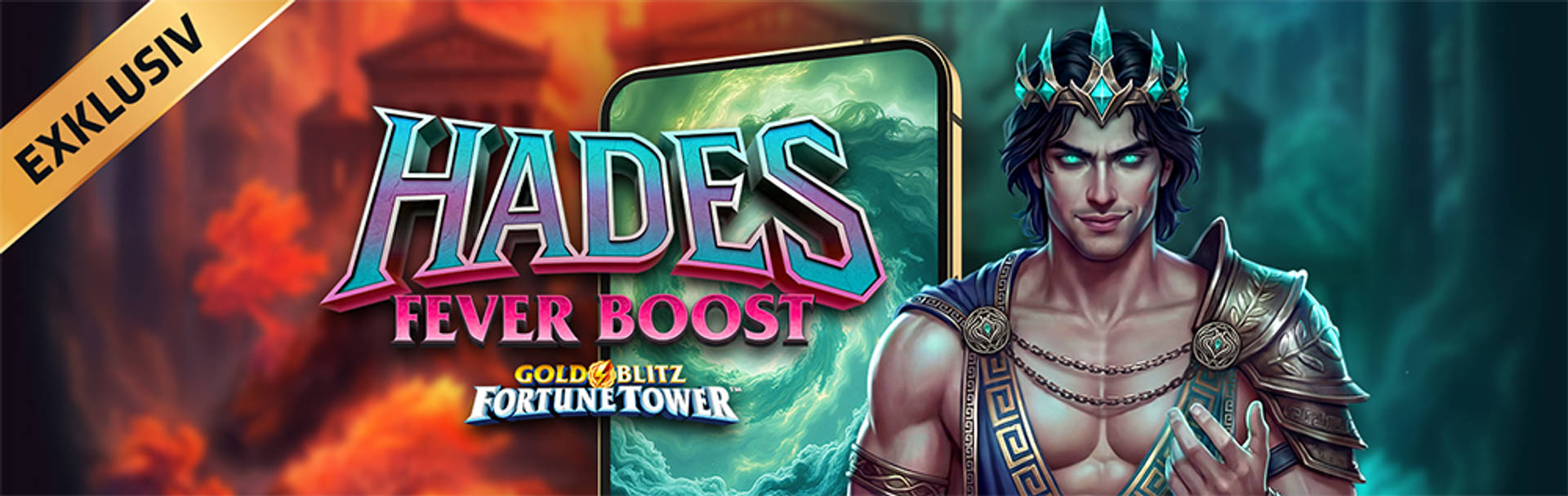 Exklusivt spel: Hades Fever Boost, Gold Blitz Fortune Tower, med en illustrerad karaktär.