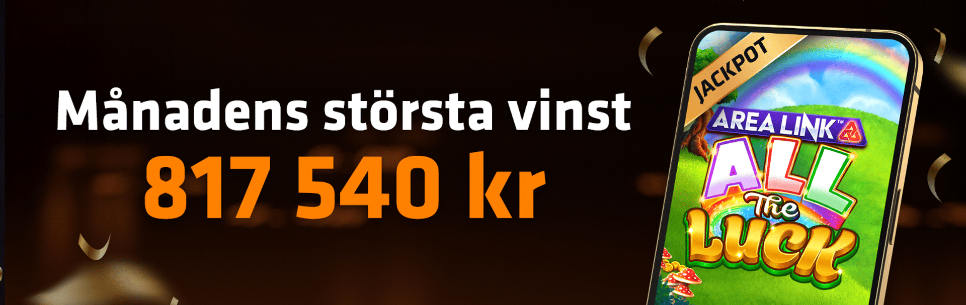 Månadens största vinst på 817 540 kr visas på en mobilskärm med ett jackpotspel.
