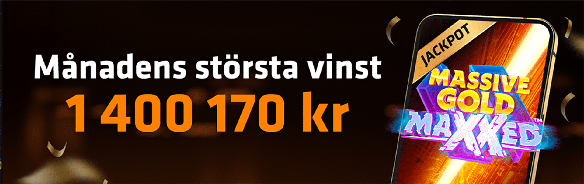 Månadens största vinst 1 400 170 kr, med en Jackpot-spel på en mobilskärm.