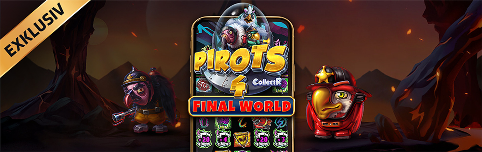 Exklusivt spel: Pirots 4 Final World slotspel med animerade fåglar i en mörk, vulkanisk miljö.