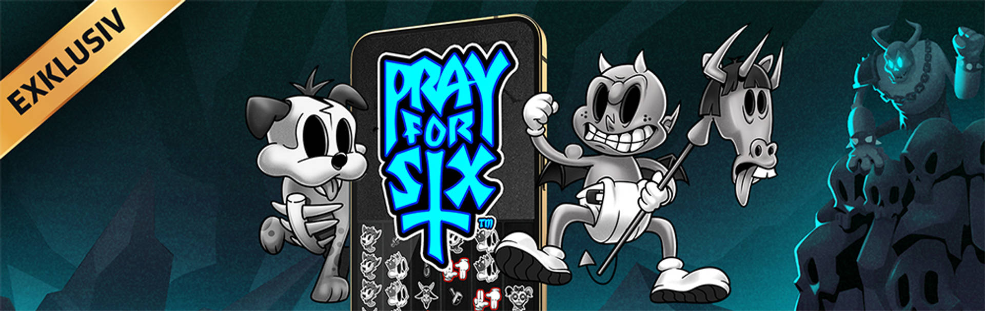 Tecknad illustration av spelet "Pray for Six" med olika karaktärer.