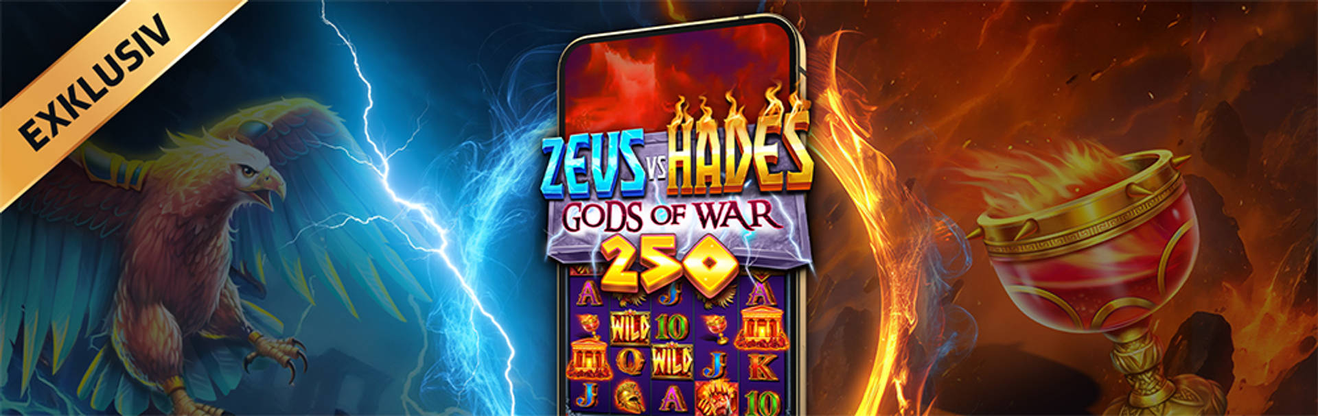 Zeus vs Hades slotspel med en örn och en brinnande bägare.