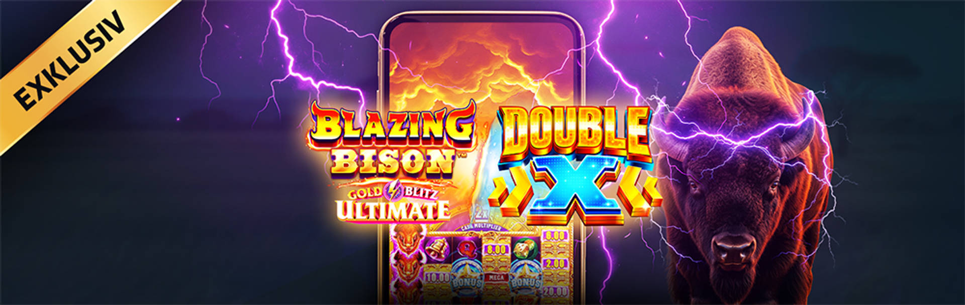 Exklusivt spel: Blazing Bison och Double X slotspel med blixtar och en bisonoxe.