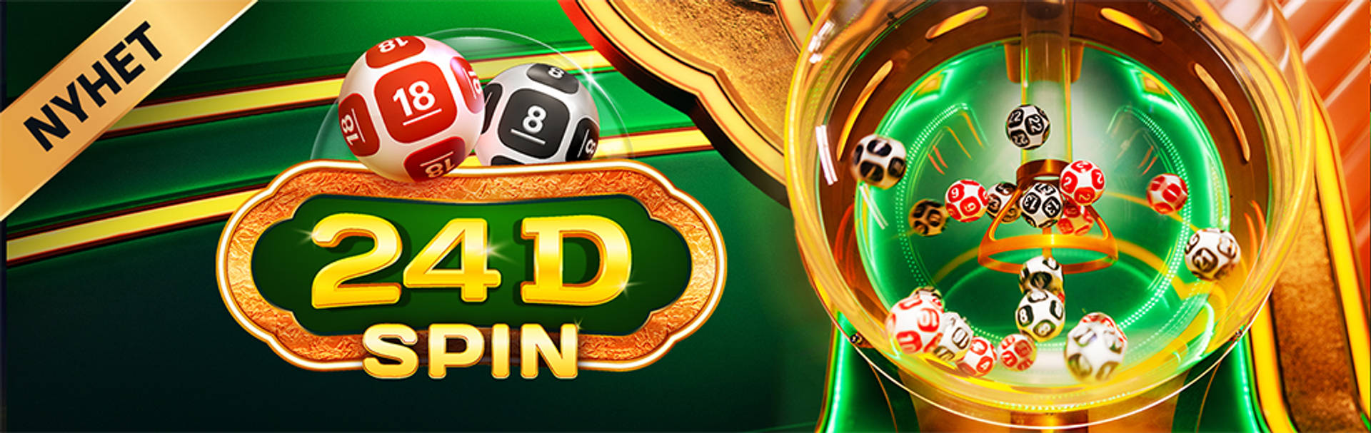 NYHET: Bild av 24D SPIN-spel med lotteribollar i en roterande maskin.