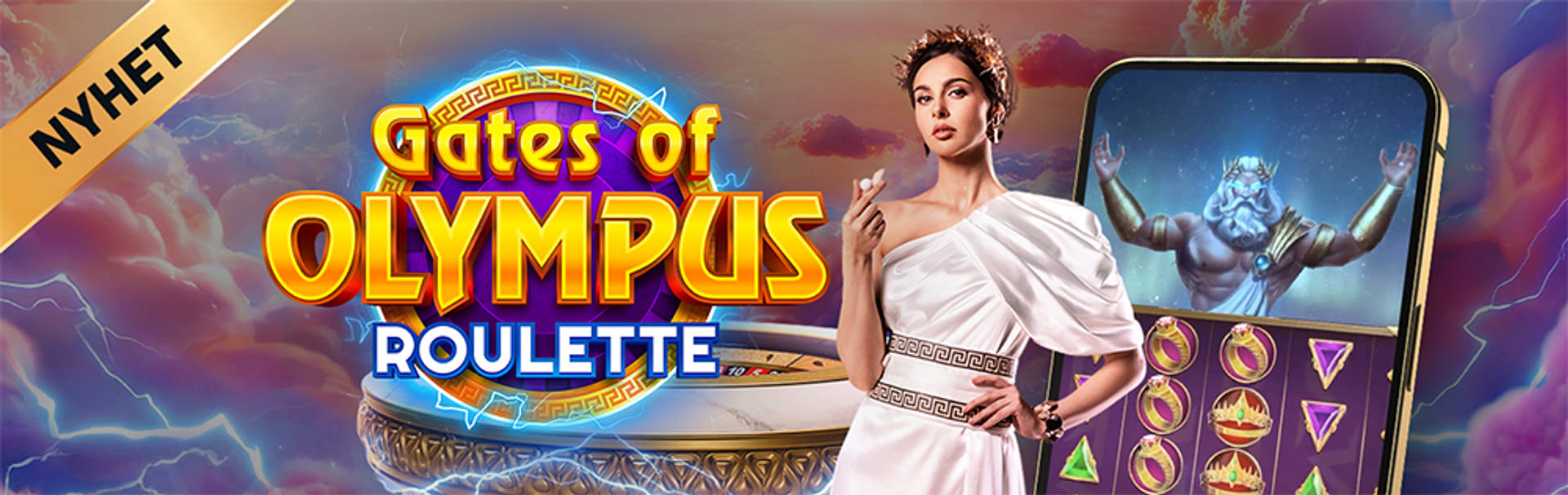 Nyhet: Gates of Olympus Roulette med kvinna och spelautomat på en mobiltelefon.