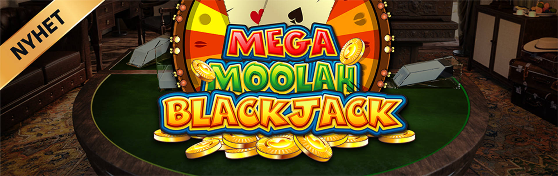 Swedish: Nyhet: Mega Moolah Blackjack-spel med hjul och guldmynt på ett kasinobord.
