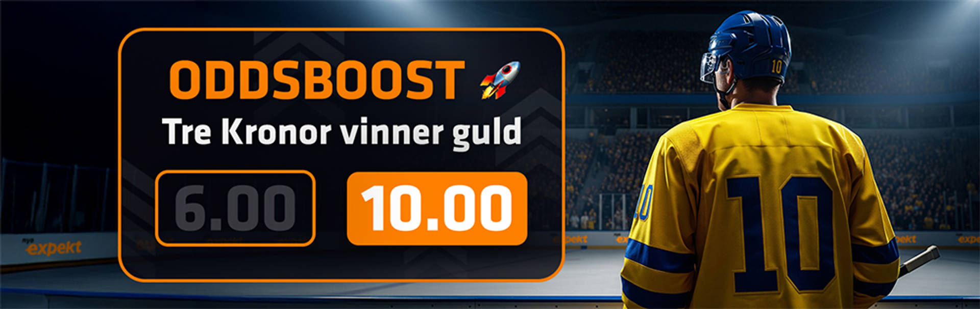 Boostat odds på Tre Kronor vinner guld, med en hockeyspelare i bakgrunden.
