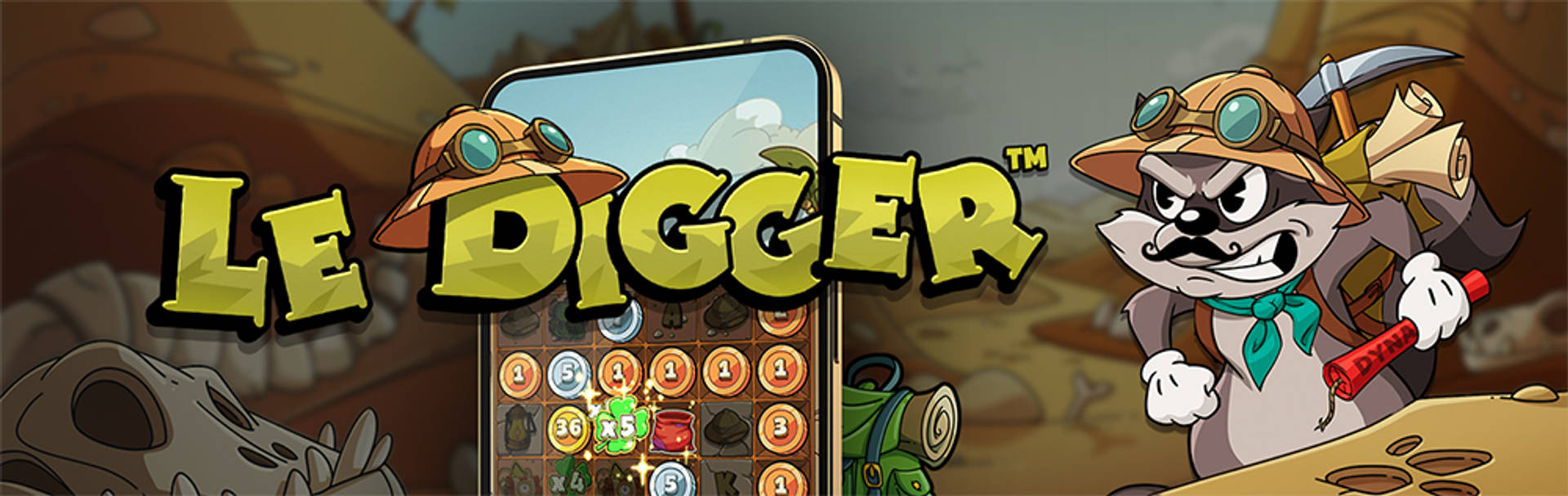 Le Digger-spel med en grävande tvättbjörn och en mobilspelskärm.